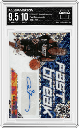 Allen Iverson from the 2019-20 Panini Mosaic  set graded by Arena Club and given an overall grade of 9.5.