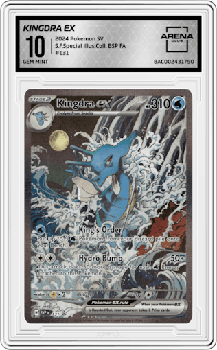Kingdra ex from the 2024 Pokemon SV set featuring a Shrouded Fable Kingdra ex Special Illustration Collection parallel graded by Arena Club and given an overall grade of 10.