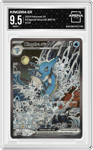 Kingdra ex from the 2024 Pokemon SV set featuring a Shrouded Fable Kingdra ex Special Illustration Collection parallel graded by Arena Club and given an overall grade of 9.5.
