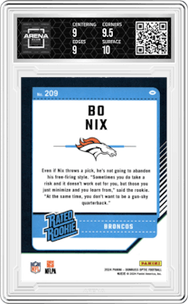 Bo Nix from the 2024 Donruss Optic set graded by Arena Club and given an overall grade of 9.5.