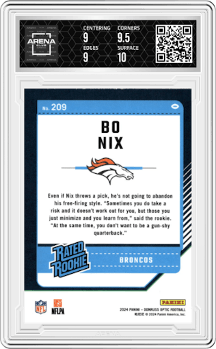 Bo Nix from the 2024 Donruss Optic set graded by Arena Club and given an overall grade of 9.5.