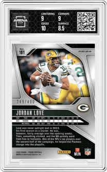 Jordan Love from the 2024 Panini Prizm set featuring a Pandora parallel graded by Arena Club and given an overall grade of 9.
