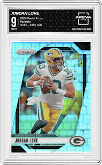 Jordan Love from the 2024 Panini Prizm set featuring a Pandora parallel graded by Arena Club and given an overall grade of 9.