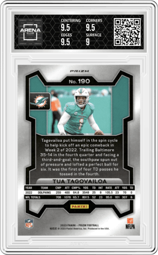 Tua Tagovailoa from the 2023 Panini Prizm set featuring a Silver Prizm parallel graded by Arena Club and given an overall grade of 9.5.