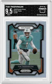 Tua Tagovailoa from the 2023 Panini Prizm set featuring a Silver Prizm parallel graded by Arena Club and given an overall grade of 9.5.