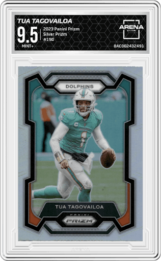 Tua Tagovailoa from the 2023 Panini Prizm set featuring a Silver Prizm parallel graded by Arena Club and given an overall grade of 9.5.
