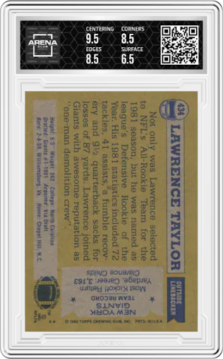 Lawrence Taylor from the 1982 Topps set graded by Arena Club and given an overall grade of 7.