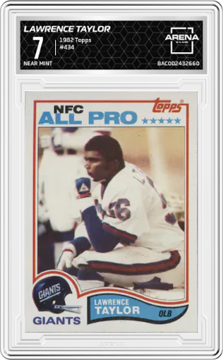 Lawrence Taylor from the 1982 Topps set graded by Arena Club and given an overall grade of 7.