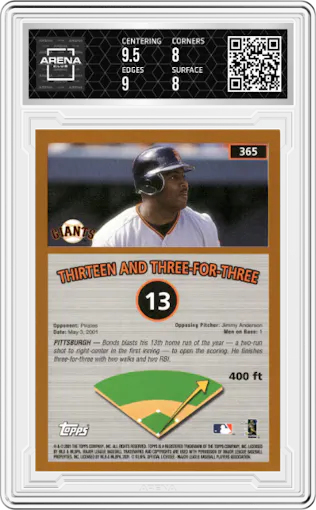 Barry Bonds  from the 2002 Topps set graded by Arena Club and given an overall grade of 8.5.