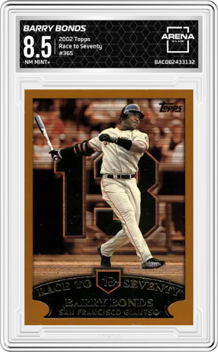 Barry Bonds  from the 2002 Topps set graded by Arena Club and given an overall grade of 8.5.