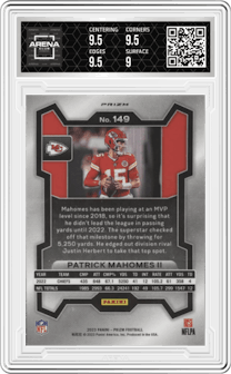 Patrick Mahomes II from the 2023 Panini Prizm set featuring a Pink Prizm parallel graded by Arena Club and given an overall grade of 9.5.