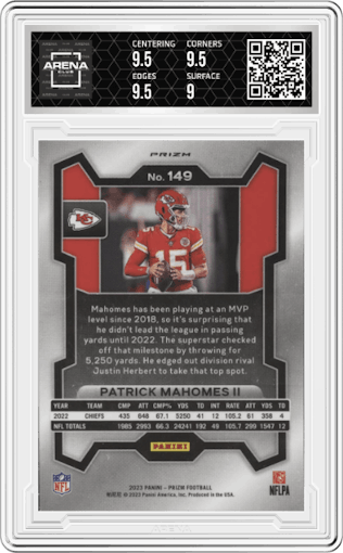 Patrick Mahomes II from the 2023 Panini Prizm set featuring a Pink Prizm parallel graded by Arena Club and given an overall grade of 9.5.