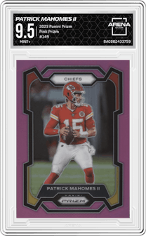 Patrick Mahomes II from the 2023 Panini Prizm set featuring a Pink Prizm parallel graded by Arena Club and given an overall grade of 9.5.