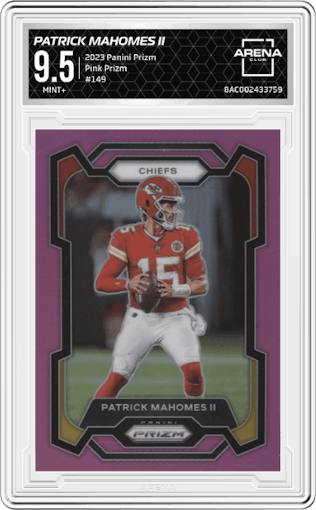Patrick Mahomes II from the 2023 Panini Prizm set featuring a Pink Prizm parallel graded by Arena Club and given an overall grade of 9.5.