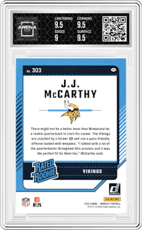 J.J. McCarthy from the 2024 Donruss set graded by Arena Club and given an overall grade of 9.5.
