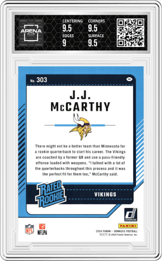 J.J. McCarthy from the 2024 Donruss set graded by Arena Club and given an overall grade of 9.5.