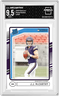 J.J. McCarthy from the 2024 Donruss set graded by Arena Club and given an overall grade of 9.5.