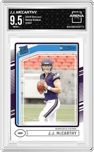 J.J. McCarthy from the 2024 Donruss set graded by Arena Club and given an overall grade of 9.5.