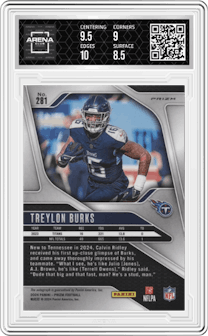 Treylon Burks from the 2024 Panini Prizm set graded by Arena Club and given an overall grade of 9.