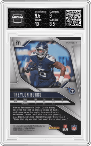Treylon Burks from the 2024 Panini Prizm set graded by Arena Club and given an overall grade of 9.