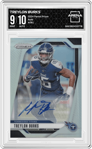 Treylon Burks from the 2024 Panini Prizm set graded by Arena Club and given an overall grade of 9.