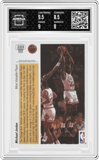 Michael Jordan  from the 1991-92 Upper Deck set graded by Arena Club and given an overall grade of 8.5.