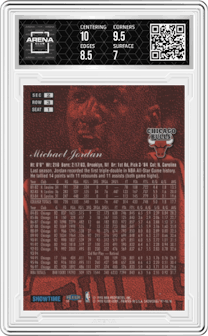 Michael Jordan from the 1997-98 Flair Showcase set graded by Arena Club and given an overall grade of 7.5.