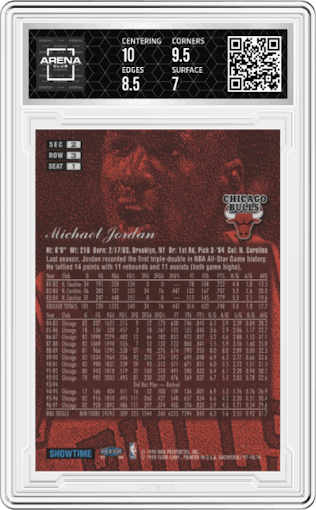 Michael Jordan from the 1997-98 Flair Showcase set graded by Arena Club and given an overall grade of 7.5.