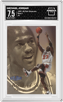 Michael Jordan from the 1997-98 Flair Showcase set graded by Arena Club and given an overall grade of 7.5.
