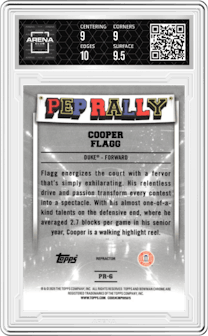 Cooper Flagg from the 2024-25 Bowman University Chrome set featuring a Refractor parallel graded by Arena Club and given an overall grade of 9.5.