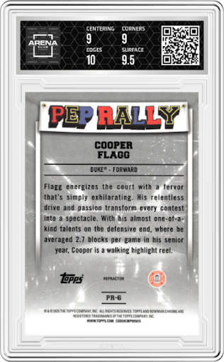 Cooper Flagg from the 2024-25 Bowman University Chrome set featuring a Refractor parallel graded by Arena Club and given an overall grade of 9.5.