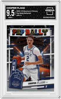Cooper Flagg from the 2024-25 Bowman University Chrome set featuring a Refractor parallel graded by Arena Club and given an overall grade of 9.5.