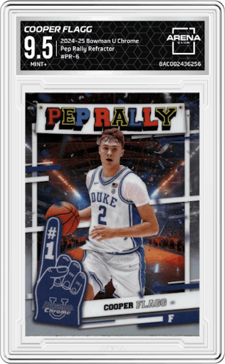 Cooper Flagg from the 2024-25 Bowman University Chrome set featuring a Refractor parallel graded by Arena Club and given an overall grade of 9.5.