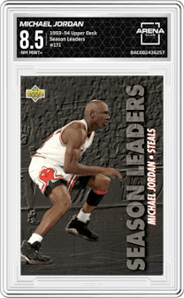 Michael Jordan from the 1993-94 Upper Deck  set graded by Arena Club and given an overall grade of 8.5.