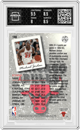 Michael Jordan from the 1993-94 Upper Deck  set graded by Arena Club and given an overall grade of 8.5.