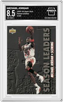 Michael Jordan from the 1993-94 Upper Deck  set graded by Arena Club and given an overall grade of 8.5.