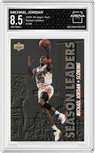 Michael Jordan from the 1993-94 Upper Deck  set graded by Arena Club and given an overall grade of 8.5.