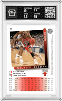 Michael Jordan from the 1993-94 Upper Deck  set graded by Arena Club and given an overall grade of 8.