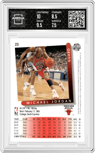 Michael Jordan from the 1993-94 Upper Deck  set graded by Arena Club and given an overall grade of 8.