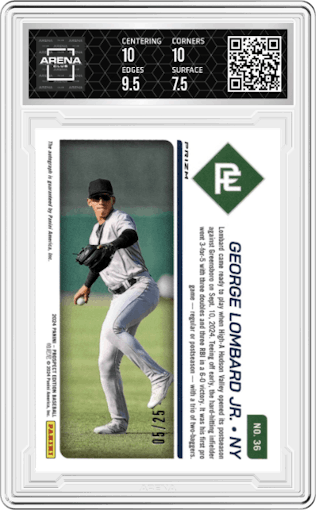 George Lombard Jr. from the 2024 Panini Prospect Edition set featuring a Green Pulsar parallel graded by Arena Club and given an overall grade of 8.
