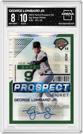 George Lombard Jr. from the 2024 Panini Prospect Edition set featuring a Green Pulsar parallel graded by Arena Club and given an overall grade of 8.