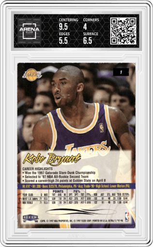 Kobe Bryant from the 1997-98 Fleer Ultra set graded by Arena Club and given an overall grade of 4.5.