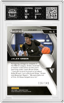 Jalen Green from the 2021-22 Panini Prizm Draft Picks set featuring a Purple Ice Prizm parallel graded by Arena Club and given an overall grade of 9.5.