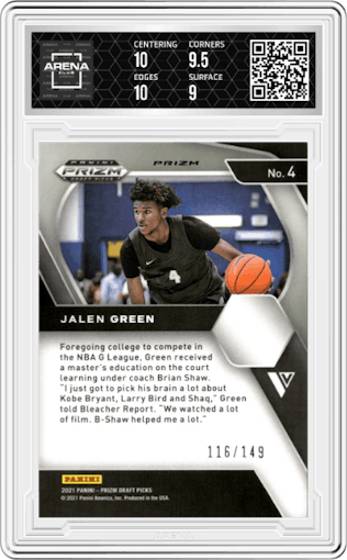 Jalen Green from the 2021-22 Panini Prizm Draft Picks set featuring a Purple Ice Prizm parallel graded by Arena Club and given an overall grade of 9.5.