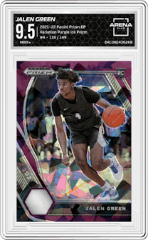 Jalen Green from the 2021-22 Panini Prizm Draft Picks set featuring a Purple Ice Prizm parallel graded by Arena Club and given an overall grade of 9.5.