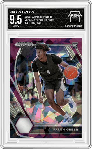 Jalen Green from the 2021-22 Panini Prizm Draft Picks set featuring a Purple Ice Prizm parallel graded by Arena Club and given an overall grade of 9.5.