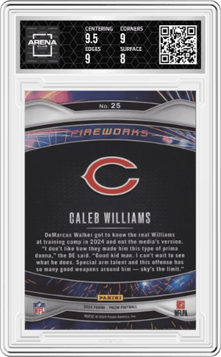 Caleb Williams from the 2024 Panini Prizm set graded by Arena Club and given an overall grade of 8.5.