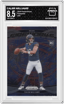 Caleb Williams from the 2024 Panini Prizm set graded by Arena Club and given an overall grade of 8.5.
