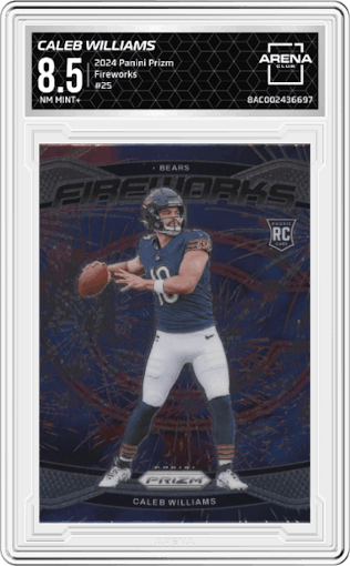 Caleb Williams from the 2024 Panini Prizm set graded by Arena Club and given an overall grade of 8.5.