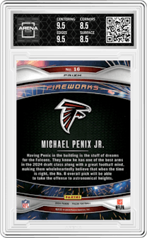 Michael Penix Jr. from the 2024 Panini Prizm set featuring a Green Wave parallel graded by Arena Club and given an overall grade of 9.
